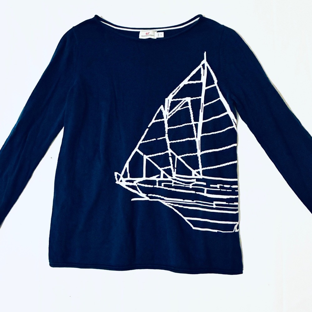 Vineyard Vines Sweater Womens Small Navy Sailboat Intarsia Knit Coastal Preppy - Picture 2 of 5